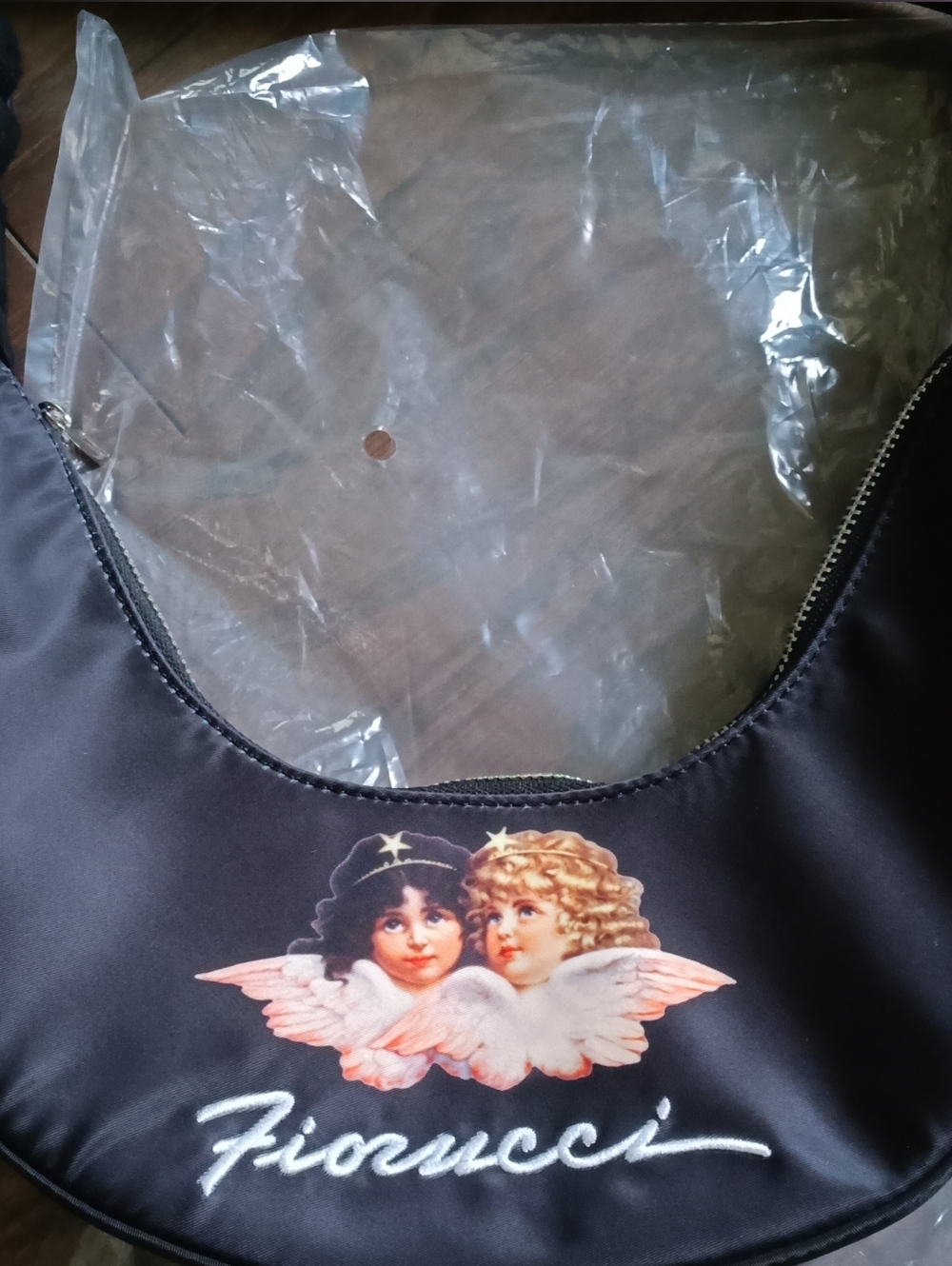 Fiorucci Black Shoulder Bag with Angel Print and Fiorucci Belt bag Purple